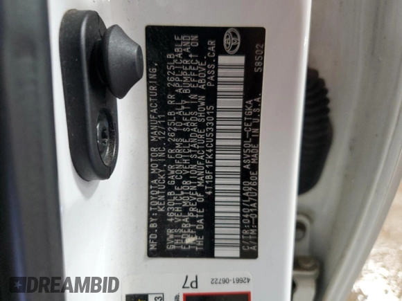 2012 Toyota Camry L with VIN 4T1BF1FK4CU533015, listed as a Copart auction lot 52781405 with 145,388 mi miles and Salvage Title. Bid and sale history available at DreamBid. Image 13.