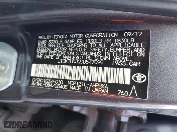 2013 Toyota Yaris L with VIN JTDKTUD32DD547099, listed as a Copart auction lot 54653615 with 153,439 mi miles and Salvage Title. Bid and sale history available at DreamBid. Image 12.