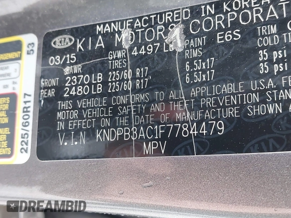 2015 Kia Sportage LX with VIN KNDPB3AC1F7784479, listed as a IAAI auction lot 42124599 with 137,190 mi miles and . Bid and sale history available at carsss.com. Image 9.