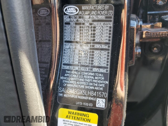 2020 Land Rover Discovery with VIN SALCM2GX5LH841570, listed as a Copart auction lot 41431113 with 15,696 mi miles and . Bid and sale history available at DreamBid. Image 13.