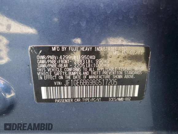 2011 Subaru Impreza Sedan 2.5i Premium with VIN JF1GE6B69BG517205, listed as a Copart auction lot 54193665 with 164,430 mi miles and Salvage Title. Bid and sale history available at carsss.com. Image 12.