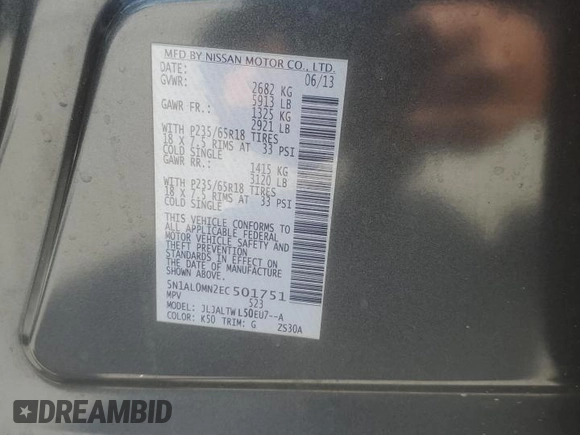 2014 Infiniti QX60 with VIN 5N1AL0MN2EC501751, listed as a Copart auction lot 53082725 with 134,076 mi miles and Salvage Title. Bid and sale history available at DreamBid. Image 15.