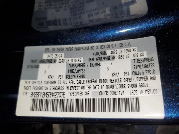 2024 Mazda 3 S Select Sport with VIN 3MZBPABM5RM427076, listed as a Copart auction lot 56504755 with 27,483 mi miles and Clean Title. Bid and sale history available at DreamBid. Image 12.