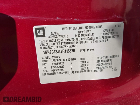 2007 Chevrolet Tahoe LT with VIN 1GNFC13J47R115676, listed as a IAAI auction lot 42758017 with 269,832 mi miles and . Bid and sale history available at DreamBid. Image 9.