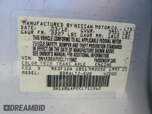 2012 Nissan Sentra SR with VIN 3N1AB6AP2CL711562, listed as a Copart auction lot 49531705 with Not provided miles and Salvage title. Bid and sale history available at DreamBid. Image 12.
