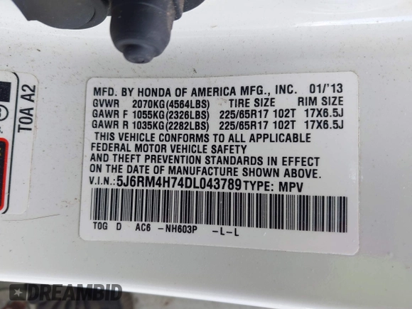 2013 Honda CR-V EX-L with VIN 5J6RM4H74DL043789, listed as a IAAI auction lot 41995414 with 99,787 mi miles and . Bid and sale history available at DreamBid. Image 9.