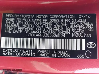 2016 Toyota Prius Four with VIN JTDKARFU3G3526524, listed as a IAAI auction lot 41798589 with 115,956 mi miles. Bid and sale history available at carsss.com. Image 9.