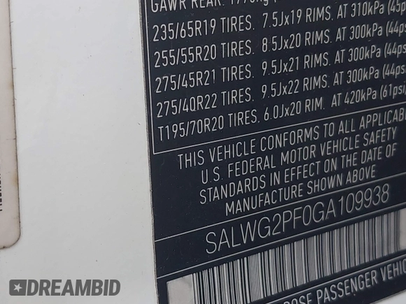 2016 Land Rover Range Rover Sport SE with VIN SALWG2PF0GA109938, listed as a IAAI auction lot 42314063 with 90,462 mi miles and . Bid and sale history available at DreamBid. Image 9.
