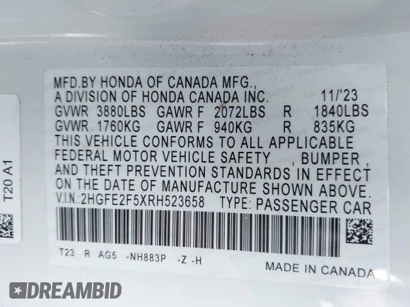 2024 Honda Civic Sedan Sport with VIN 2HGFE2F5XRH523658, listed as a IAAI auction lot 41805902 with 10,118 mi miles. Bid and sale history available at carsss.com. Image 9.