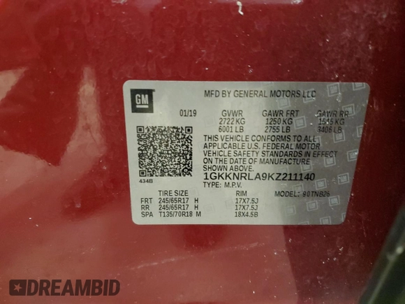 2019 GMC Acadia SLE z VIN 1GKKNRLA9KZ211140, wystawiony jako Copart lot #88304825 z przebiegiem 170 614 mil mil oraz Szkoda całkowita • Salvage title. Historia ofert i sprzedaży dostępna na DreamBid. Obrazek 14.