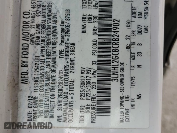 2012 Lincoln MKZ with VIN 3LNHL2GC8CR824902, listed as a Copart auction lot 41517744 with 166,074 mi miles and Salvage Title. Bid and sale history available at DreamBid. Image 13.