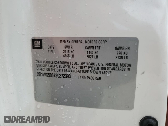2008 Chevrolet Impala with VIN 2G1WS583789272393, listed as a Copart auction lot 82238404 with 194,548 mi miles and Salvage Title. Bid and sale history available at DreamBid. Image 12.