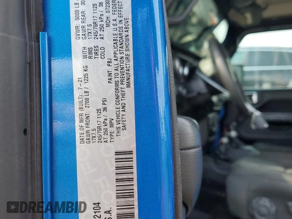 2021 Jeep Wrangler Sport S with VIN 1C4GJXAG2MW762104, listed as a Copart auction lot 46620845 with 56,799 mi miles and Salvage Title. Bid and sale history available at DreamBid. Image 12.