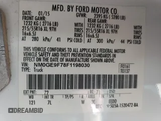 2015 Ford Transit Connect XLT with VIN NM0GE9F78F1198030, listed as a Copart auction lot 55994265 with 187,440 mi miles and Salvage title. Bid and sale history available at DreamBid. Image 14.