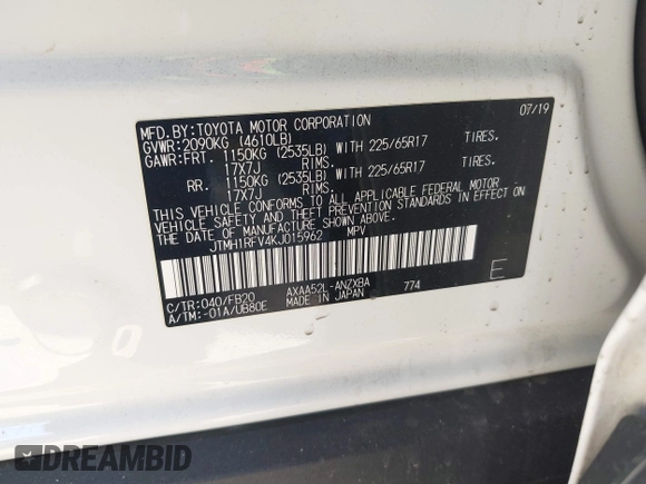 2019 Toyota RAV4 LE with VIN JTMH1RFV4KJ015962, listed as a IAAI auction lot 42714711 with 26,089 mi miles and . Bid and sale history available at DreamBid. Image 9.