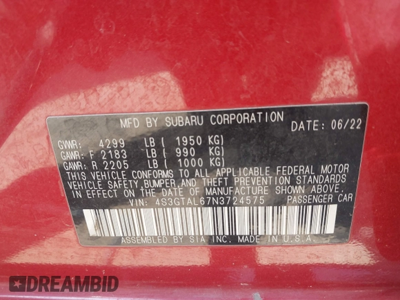 2022 Subaru Impreza Special Sports with VIN 4S3GTAL67N3724575, listed as a IAAI auction lot 42375237 with 21,787 mi miles and . Bid and sale history available at DreamBid. Image 9.