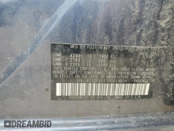2017 Subaru Impreza Special Sports with VIN 4S3GKAL62H3609339, listed as a Copart auction lot 63848665 with 116,972 mi miles and Salvage title. Bid and sale history available at DreamBid. Image 12.