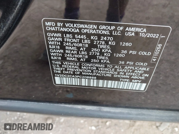 2023 Volkswagen Atlas SE z VIN 1V2DC2CA3PC208888, wystawiony jako IAAI lot #41926114 z przebiegiem 36 645 mil mil oraz . Historia ofert i sprzedaży dostępna na DreamBid. Obrazek 9.