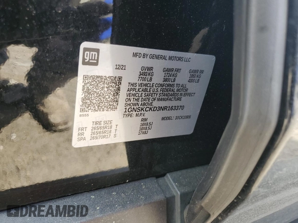 2022 Chevrolet Suburban LT with VIN 1GNSKCKD3NR163370, listed as a Copart auction lot 51727204 with 72,790 mi miles and Clean Title. Bid and sale history available at DreamBid. Image 13.
