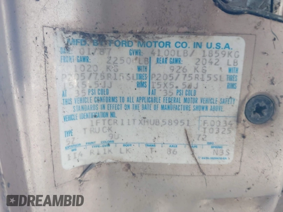 1987 Ford Ranger with VIN 1FTCR11TXHUB58951, listed as a IAAI auction lot 41882096 with Not Provided miles and . Bid and sale history available at DreamBid. Image 9.