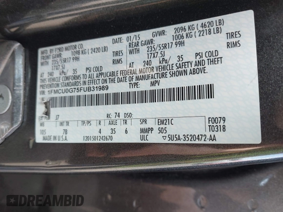 2015 Ford Escape SE with VIN 1FMCU0G75FUB31989, listed as a IAAI auction lot 42040121 with 87,068 mi miles and . Bid and sale history available at DreamBid. Image 9.