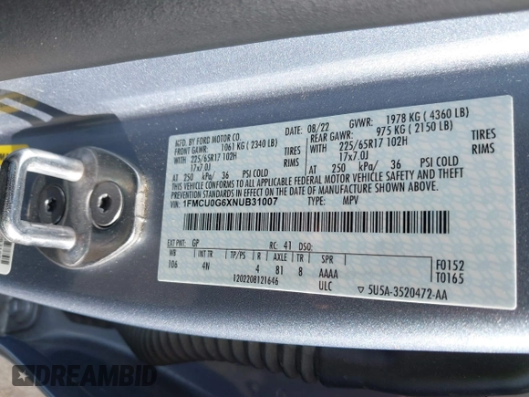 2022 Ford Escape SE z VIN 1FMCU0G6XNUB31007, wystawiony jako IAAI lot #42510666 z przebiegiem 106 236 mil mil oraz . Historia ofert i sprzedaży dostępna na DreamBid. Obrazek 9.