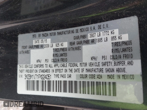 2015 Mazda 3 i Touring with VIN 3MZBM1V71FM224051, listed as a IAAI auction lot 42443441 with 172,279 mi miles and . Bid and sale history available at DreamBid. Image 9.