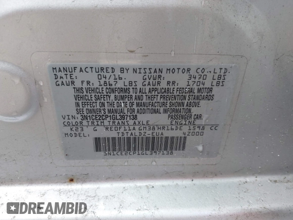 2016 Nissan Note S Plus with VIN 3N1CE2CP1GL397138, listed as a IAAI auction lot 41473397 with 87,728 mi miles and . Bid and sale history available at DreamBid. Image 9.