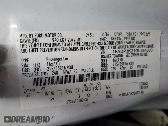 2016 Ford Focus SE with VIN 1FADP3K21GL384303, listed as a Copart auction lot 50974105 with Not Provided miles and Salvage Title. Bid and sale history available at carsss.com. Image 13.