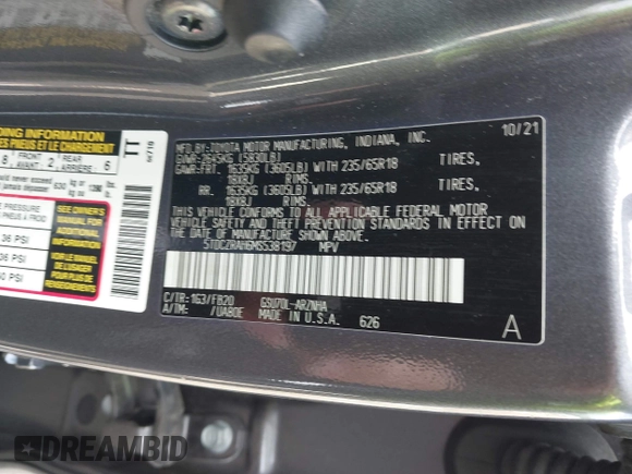 2021 Toyota Highlander L z VIN 5TDCZRAH6MS538197, wystawiony jako IAAI lot #42322488 z przebiegiem 129 014 mil mil oraz . Historia ofert i sprzedaży dostępna na DreamBid. Obrazek 9.