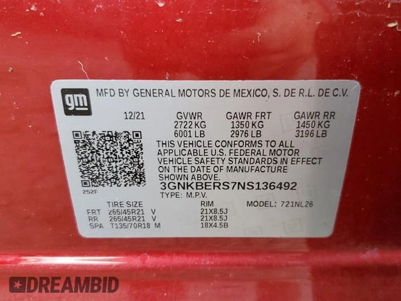 2022 Chevrolet Blazer RS with VIN 3GNKBERS7NS136492, listed as a Copart auction lot 58166205 with Not provided miles and Non repairable. Bid and sale history available at DreamBid. Image 14.