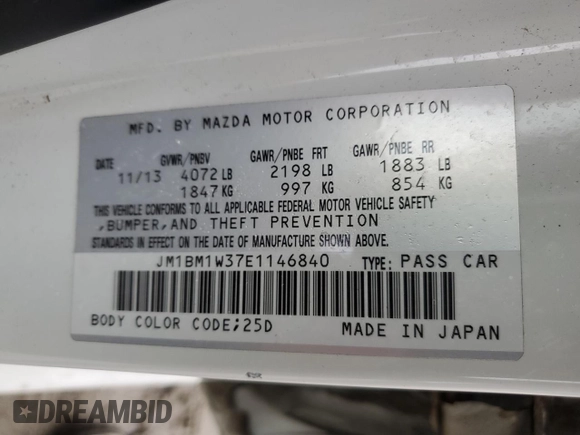 2014 Mazda 3 S Grand Touring with VIN JM1BM1W37E1146840, listed as a Copart auction lot 51923205 with 152,968 mi miles and Clean Title. Bid and sale history available at DreamBid. Image 12.