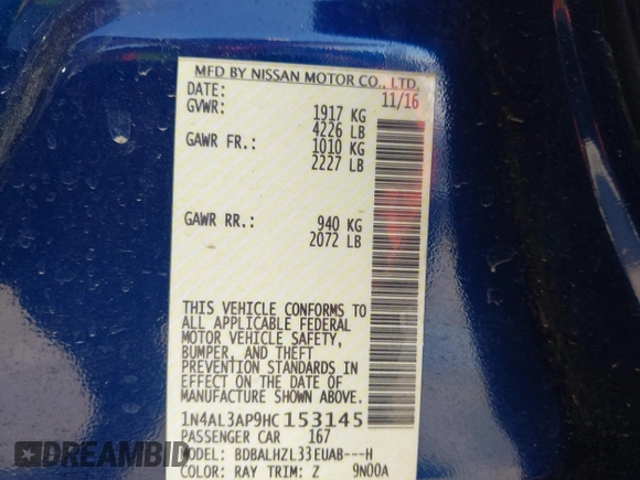 2017 Nissan Altima SV with VIN 1N4AL3AP9HC153145, listed as a IAAI auction lot 42085963 with 157,981 mi miles and . Bid and sale history available at carsss.com. Image 9.