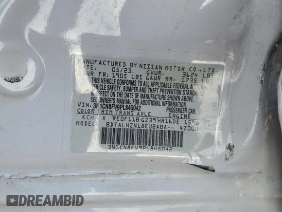 2023 Nissan Versa SR with VIN 3N1CN8FV9PL845042, listed as a Copart auction lot 48992585 with 29,374 mi miles and Non Repairable. Bid and sale history available at DreamBid. Image 14.