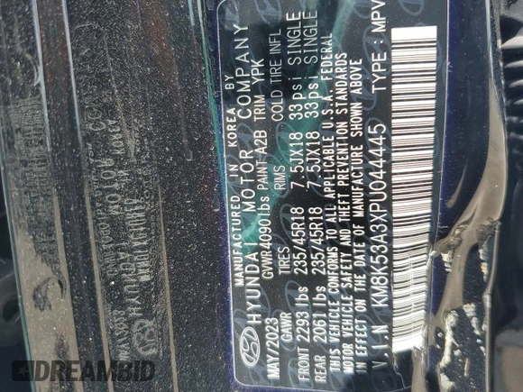 2023 Hyundai Kona Limited with VIN KM8K53A3XPU044445, listed as a Copart auction lot 65840044 with 0 mi miles and Non Repairable. Bid and sale history available at carsss.com. Image 14.