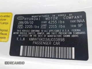 2010 Hyundai Genesis Coupe with VIN KMHHT6KD3AU033898, listed as a IAAI auction lot 42539696 with 209,175 mi miles and . Bid and sale history available at DreamBid. Image 9.