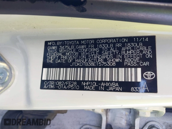 2014 Toyota Prius One with VIN JTDKDTB38E1575308, listed as a IAAI auction lot 40787857 with 70,891 mi miles and . Bid and sale history available at DreamBid. Image 9.