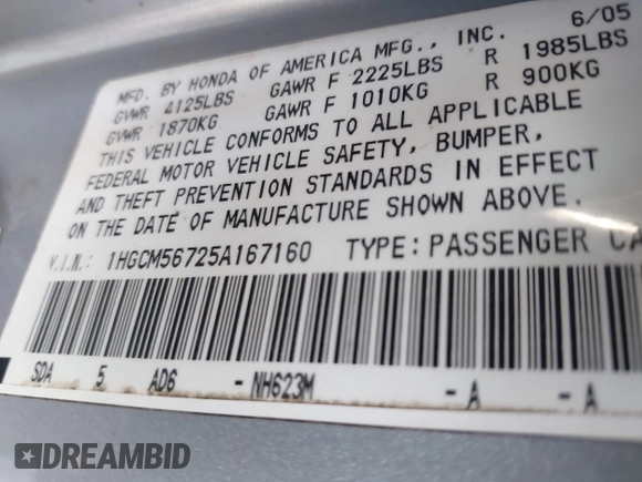 2005 Honda Accord EX with VIN 1HGCM56725A167160, listed as a IAAI auction lot 42036747 with 235,647 mi miles and . Bid and sale history available at DreamBid. Image 9.