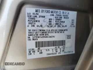 2004 Ford F-150 XLT with VIN 1FTPW14594KC36276, listed as a Copart auction lot 64606035 with 260,886 mi miles and Salvage title. Bid and sale history available at DreamBid. Image 12.