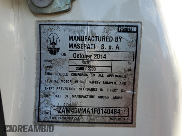 2015 Maserati GranTurismo Sport with VIN ZAM45VMA1F0140484, listed as a Copart auction lot 47405715 with 63,465 mi miles and Salvage title. Bid and sale history available at DreamBid. Image 13.