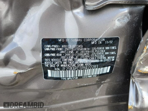 2023 Subaru Forester Limited with VIN JF2SKAPC1PH422283, listed as a Copart auction lot 61269355 with 27,062 mi miles and Salvage title. Bid and sale history available at DreamBid. Image 13.