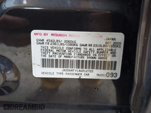 2010 Mitsubishi Lancer Evolution GSR with VIN JA32W8FV1AU012725, listed as a IAAI auction lot 41542629 with 124,347 mi miles and . Bid and sale history available at DreamBid. Image 9.