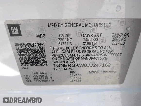 2018 Chevrolet Traverse LT Cloth with VIN 1GNERGKW8JJ247162, listed as a IAAI auction lot 41949401 with 89,513 mi miles. Bid and sale history available at carsss.com. Image 9.