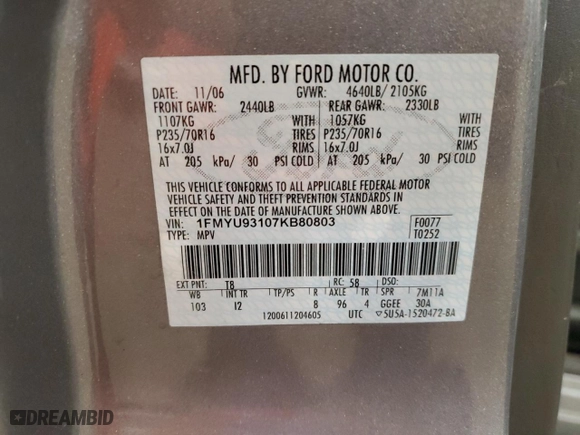 2007 Ford Escape XLT with VIN 1FMYU93107KB80803, listed as a Copart auction lot 45654325 with 135,894 mi miles and Salvage Title. Bid and sale history available at carsss.com. Image 14.