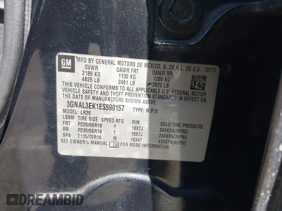 2014 Chevrolet Captiva Sport LT with VIN 3GNAL3EK1ES590157, listed as a IAAI auction lot 42018777 with 125,837 mi miles. Bid and sale history available at carsss.com. Image 9.