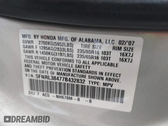 2007 Honda Odyssey EX with VIN 5FNRL38477B432832, listed as a IAAI auction lot 42153673 with 133,652 mi miles and . Bid and sale history available at DreamBid. Image 9.