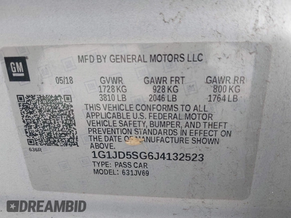 2018 Chevrolet Sonic LT with VIN 1G1JD5SG6J4132523, listed as a IAAI auction lot 41918454 with 59,332 mi miles and . Bid and sale history available at DreamBid. Image 9.