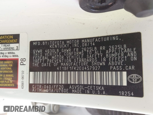 2014 Toyota Camry L with VIN 4T1BF1FK2EU457927, listed as a IAAI auction lot 41896163 with 99,612 mi miles. Bid and sale history available at carsss.com. Image 9.