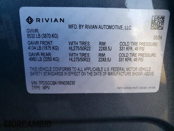 2024 Rivian R1S Adventure with VIN 7PDSGCBA1RN038230, listed as a Copart auction lot 73346304 with 0 mi miles and Salvage Title. Bid and sale history available at carsss.com. Image 16.