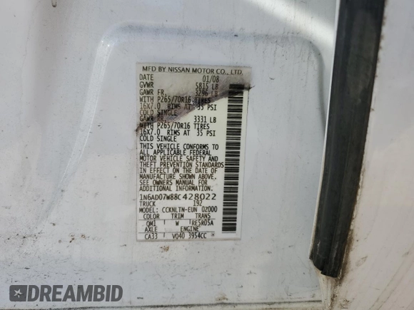 2008 Nissan Frontier SE with VIN 1N6AD07W88C428022, listed as a Copart auction lot 76996844 with 226,583 mi miles and Clean title. Bid and sale history available at DreamBid. Image 13.